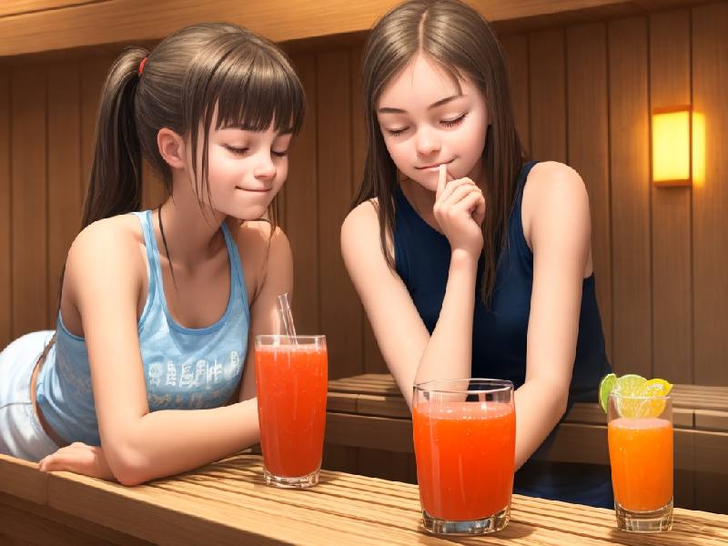 Девушки в сауне пьют сок