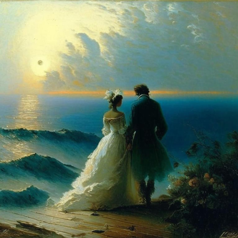 жених и невеста у моря в стиле Айвазовского