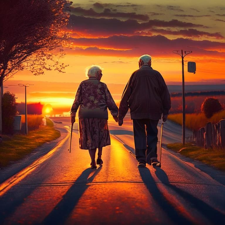 Пожилая пара идут по дороге, красивый закат