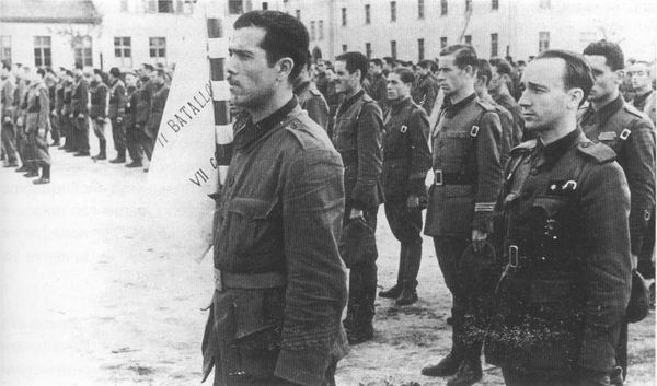Испанские добровольцы «Дивизии испанских волонтеров» (ДЕВ) во время утреннего молебна на полигоне Графенвер (Оберпфальц), конец июля 1941 г.