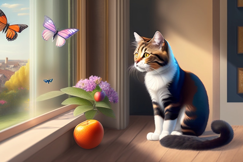 Кошка на окошке с бабочками