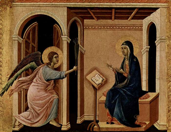 Архангел Гавриил приносит Деве Марии весть о предстоящей кончине (Дуччо, Маэста, деталь. 1308—1311)