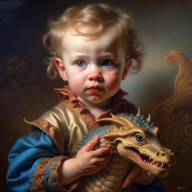 Малыш держит дракончика в руках