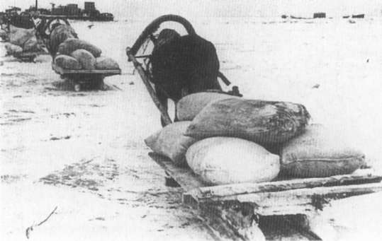 Доставка продовольствия населению Ленинграда по льду замерзшего Ладожского озера, зима 1941/42 гг.