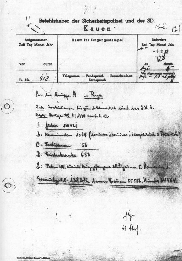 Телекс командира оперативной команды 3 штандартенфюрера СС Егера начальнику оперативной группы А от 9.2.1942 г. относительно «экзекуций» оперативной команды 3 по 1.2.1942 г.