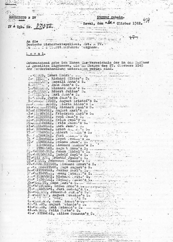 Сообщение отдела Б 4 отделу А 4 командира полиции безопасности и СД генерального комиссариата Эстонии от 30.10.1942 г. относительно уничтожения 243 цыган в лагере Нарва 27.10.1942 г.