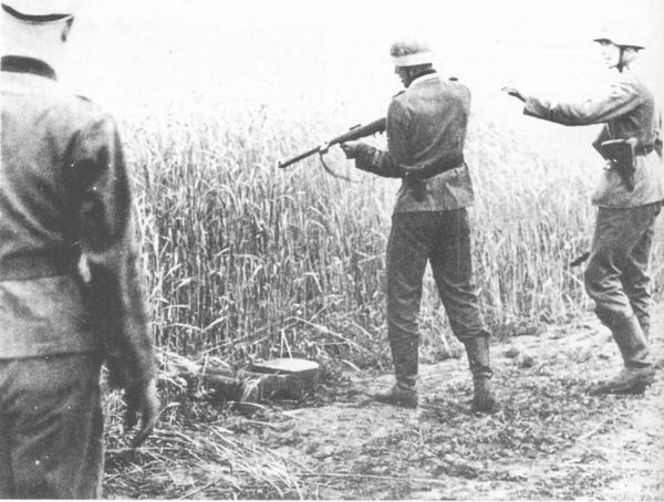 Патрульный немецкой полевой жандармерии расстреливает подозреваемого в бандитизме на краю поля