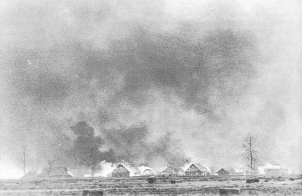 Деревня, подожженная во время немецкой «усмирительной операции» на севере России, 1943 г.