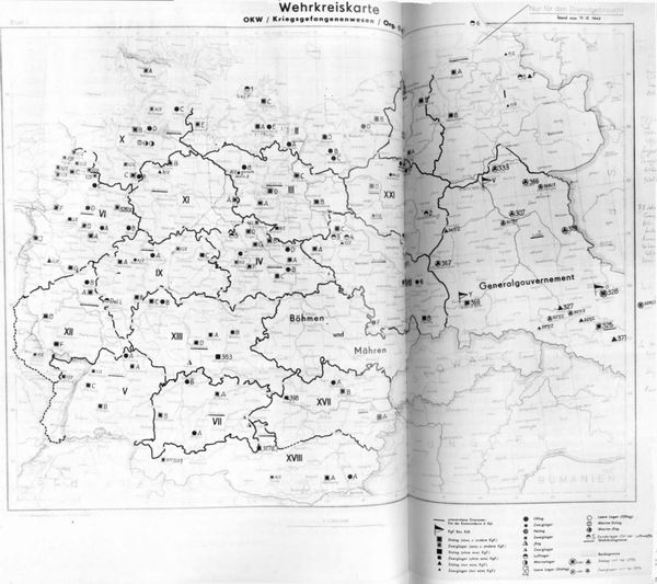 Карта военных округов с указанием лагерей для военнопленных, изданная верховным командованием вермахта